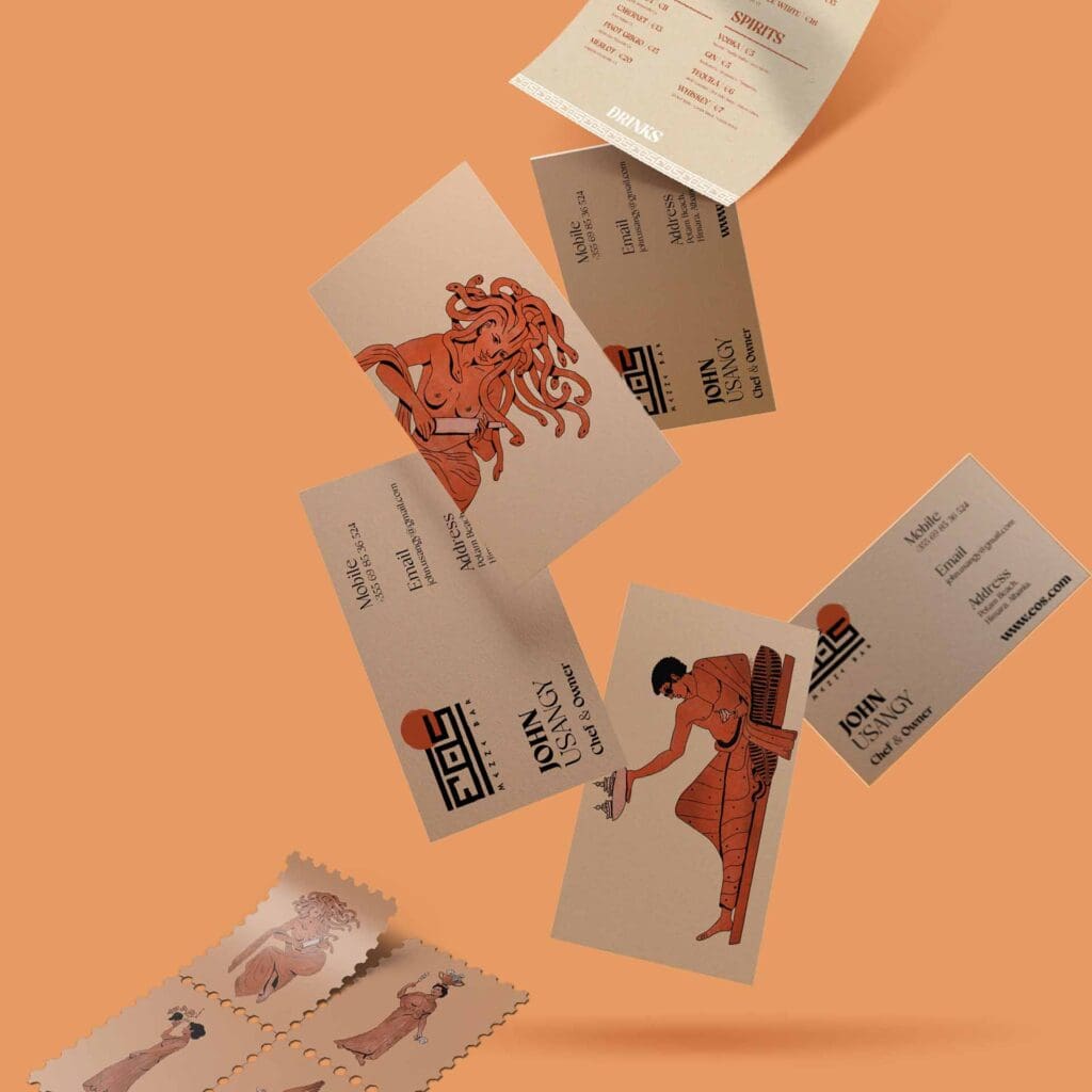 Branding agency designs EOS Mezze Bar’s business cards, embodying the essence of Greek hospitality with a modern twist.