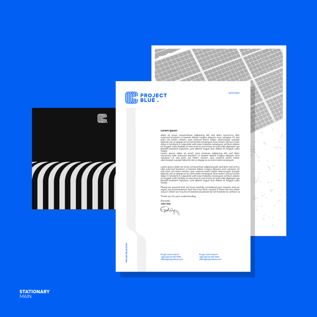 Project Blue's stationery, envisioned by a creative brand agency, showcases minimalist elegance.