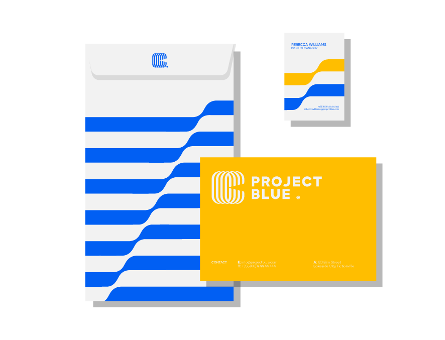 Project Blue's stationery, envisioned by a creative brand agency, showcases minimalist elegance with a fun twist.