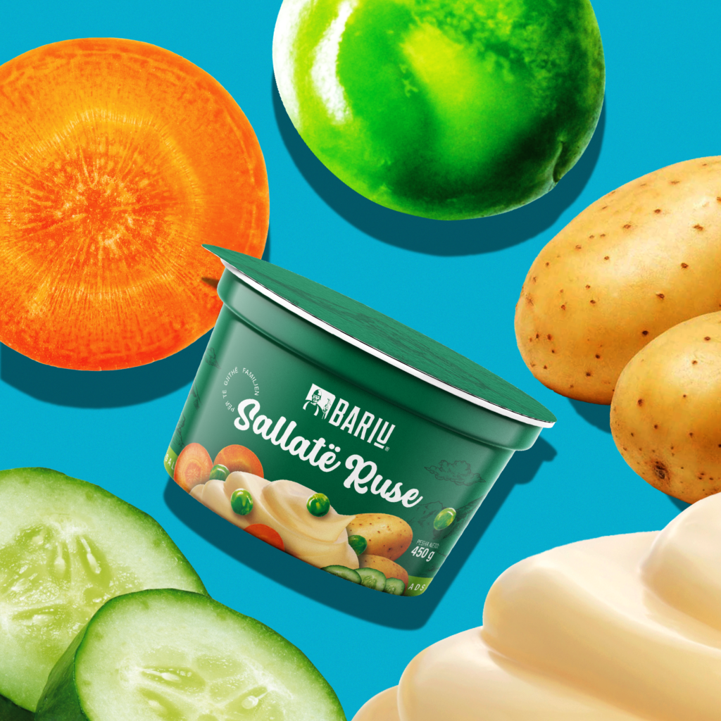 Creative agency in Albania delivers innovative packaging for Bariu’s Russian Salad, reflecting freshness and convenience.